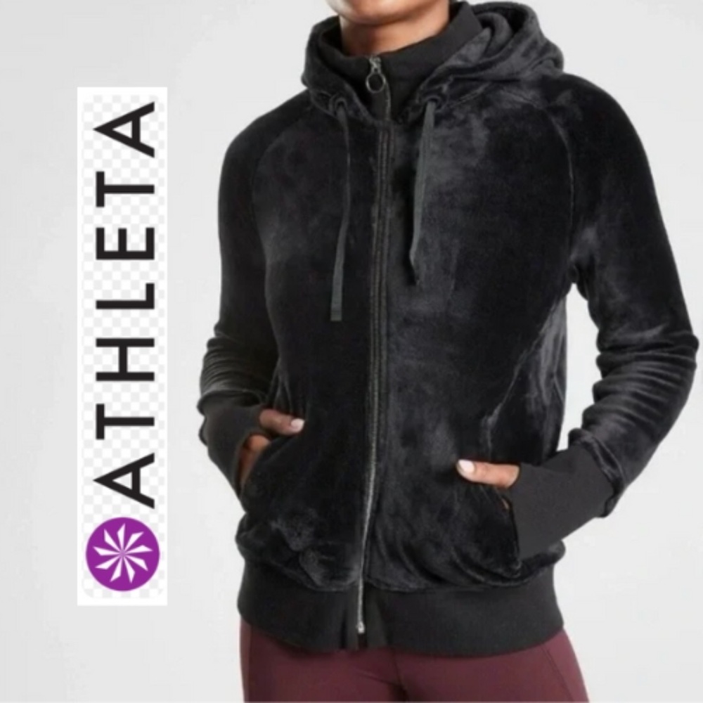Athleta Black velour plush zip hoodie, L,  CB2449